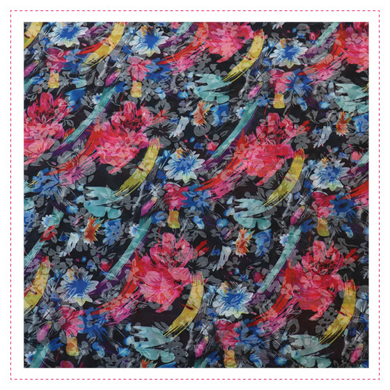 Polyester/Baumwollstoff - Schwarzer Untergrund mit große Blüten und Streifen in weiß, pink, blau, gelb