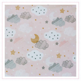Patchworkstoff - Rosa mit Wolken, Mond und Sterne in...