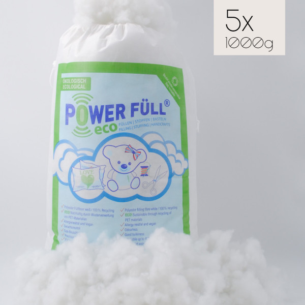 Power Füll® eco weiß | 5kg 5x 1KG Nachhaltige Füllwatte | Spielzeugnorm Zertifiziert | Waschbar bis 40°C | Bastelwatte | Kissenfüllung | Stopfmaterial