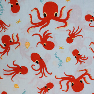 Baumwollpopeline - hellblau/orange - Unterwasserwelt Octopus - Patchworkstoff 100% Baumwolle - USA Stoffe
