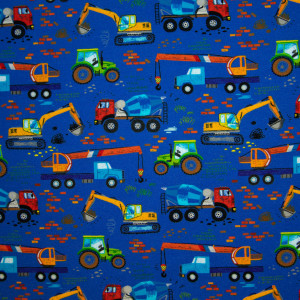 Baumwoll Jersey - blau/bunt - Bagger, Traktor, Kran - Mischgewebe 95% Baumwolle 5% Elasthan